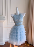 Evafashion A-line beaded tulle short prom dress, blue homecoming dress HZ1024
