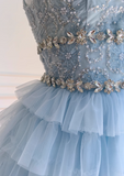 Evafashion A-line beaded tulle short prom dress, blue homecoming dress HZ1024