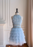 Evafashion A-line beaded tulle short prom dress, blue homecoming dress HZ1024