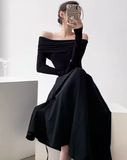 Evafashion niche design one-shoulder French Hepburn style waisted black and white slim long dress dress for women HZ1024