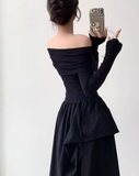 Evafashion niche design one-shoulder French Hepburn style waisted black and white slim long dress dress for women HZ1024