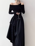Evafashion niche design one-shoulder French Hepburn style waisted black and white slim long dress dress for women HZ1024