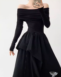 Evafashion niche design one-shoulder French Hepburn style waisted black and white slim long dress dress for women HZ1024