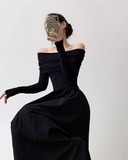 Evafashion niche design one-shoulder French Hepburn style waisted black and white slim long dress dress for women HZ1024