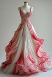Ndyad Pink A-Line V Neck Tulle Long Prom Dresses,Gradient Pink Formal Party Dress HZ1024