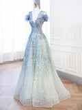 Ndyad V-neck Blue Tulle Sequins Long Prom Dress, Blue Formal Dress HZ1024