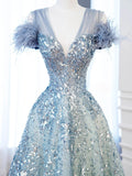 Ndyad V-neck Blue Tulle Sequins Long Prom Dress, Blue Formal Dress HZ1024