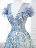 Ndyad V-neck Blue Tulle Sequins Long Prom Dress, Blue Formal Dress HZ1024