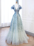 Ndyad V-neck Blue Tulle Sequins Long Prom Dress, Blue Formal Dress HZ1024
