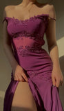 Ndyad Grape Spaghetti Straps Sheath Chiffon Prom Dress With Beads HZ1024