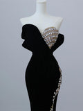 Ndyad Velvet Strapless Crystal Long Prom Dress,Formal Dress HZ1024