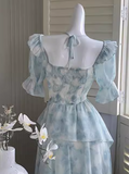Evafashion style ruffle waist slim irregular gentle style blue floral chiffon dress for women HZ1024