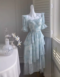 Evafashion style ruffle waist slim irregular gentle style blue floral chiffon dress for women HZ1024