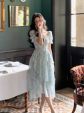 Evafashion style ruffle waist slim irregular gentle style blue floral chiffon dress for women HZ1024