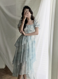 Evafashion style ruffle waist slim irregular gentle style blue floral chiffon dress for women HZ1024
