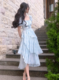 Evafashion style ruffle waist slim irregular gentle style blue floral chiffon dress for women HZ1024