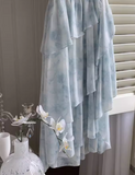 Evafashion style ruffle waist slim irregular gentle style blue floral chiffon dress for women HZ1024