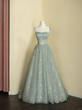 Ndyad Spaghetti Straps A-line Embroidery Satin Tulle Long Prom Dresses,Sweet 16 Dress With Appliqu¨¦ HZ1024