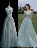 Ndyad Spaghetti Straps A-line Embroidery Satin Tulle Long Prom Dresses,Sweet 16 Dress With Appliqu¨¦ HZ1024