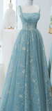 Ndyad Spaghetti Straps A-line Embroidery Satin Tulle Long Prom Dresses,Sweet 16 Dress With Appliqu¨¦ HZ1024