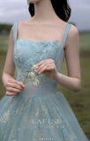 Ndyad Spaghetti Straps A-line Embroidery Satin Tulle Long Prom Dresses,Sweet 16 Dress With Appliqu¨¦ HZ1024