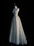 Ndyad Spaghetti Straps A-line Embroidery Satin Tulle Long Prom Dresses,Sweet 16 Dress With Appliqu¨¦ HZ1024