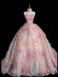 Ndyad A-line Strapless Tulle long prom dress, pink sweet formal dress HZ1024