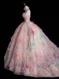 Ndyad A-line Strapless Tulle long prom dress, pink sweet formal dress HZ1024