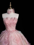 Ndyad A-line Strapless Tulle long prom dress, pink sweet formal dress HZ1024
