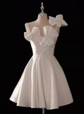 Ndyad A-line spaghetti strap satin short prom dress, white bridesmaid dress HZ1024