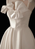 Ndyad A-line spaghetti strap satin short prom dress, white bridesmaid dress HZ1024