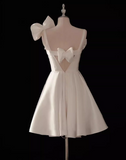 Ndyad A-line spaghetti strap satin short prom dress, white bridesmaid dress HZ1024