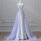 Ndyad Mermaid Spaghetti Tulle Sequin Long Prom Dress, Blue Long Formal Dress HZ1024