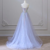 Ndyad Mermaid Spaghetti Tulle Sequin Long Prom Dress, Blue Long Formal Dress HZ1024