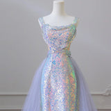 Ndyad Mermaid Spaghetti Tulle Sequin Long Prom Dress, Blue Long Formal Dress HZ1024