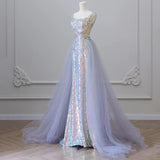 Ndyad Mermaid Spaghetti Tulle Sequin Long Prom Dress, Blue Long Formal Dress HZ1024