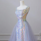 Ndyad Mermaid Spaghetti Tulle Sequin Long Prom Dress, Blue Long Formal Dress HZ1024