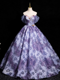 Ndyad Elegant A-line Off-shoulder Long Prom Dress, Purple Long Formal Dress HZ1024