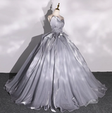 Ndyad A-line V-neck Tulle Long Prom Dress, Grey Long Formal Dress HZ1024