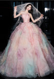 Ndyad A-line Strapless Tulle long prom dress, pink sweet formal dress HZ1024