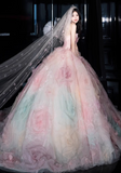 Ndyad A-line Strapless Tulle long prom dress, pink sweet formal dress HZ1024