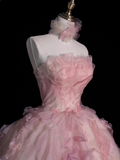 Ndyad A-line Strapless Tulle long prom dress, pink sweet formal dress HZ1024