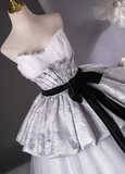 Ndyad Gray A-Line Sweetheart neck Long Satin Tulle Prom Dress, Silver Gray Formal Dress HZ1024