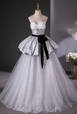 Ndyad Gray A-Line Sweetheart neck Long Satin Tulle Prom Dress, Silver Gray Formal Dress HZ1024
