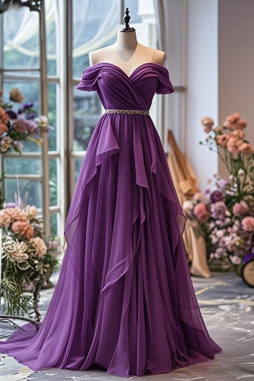 Evafashion A-line Off-shoulder Chiffon Long Prom Dress Formal Evening Gown HZ1024