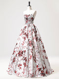 Ndyad Strapless White Floral Satin Long Prom Dress, Sweetheart Neck Formal Party Dress HZ1024