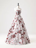 Ndyad Strapless White Floral Satin Long Prom Dress, Sweetheart Neck Formal Party Dress HZ1024