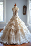 Ndyad A-line V-neck Tulle Lace Long Prom Dress, Vintage Wedding Dress HZ1024