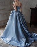 Ndyad A-line Strapless Satin Long Ball Dress, Blue Formal Dress HZ1024