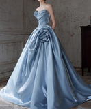 Ndyad A-line Strapless Satin Long Ball Dress, Blue Formal Dress HZ1024
